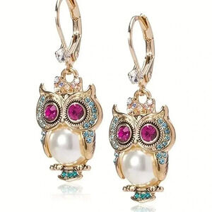 Trendy Owl Designer Fashion Pink and Green Rhinestone Goldplated Earrings 1.42"